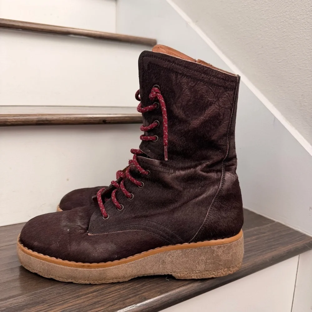 Free People Taos Cow Hair Leather Lace Up Lug Crepe Sole Boots Sz 11 Burgundy